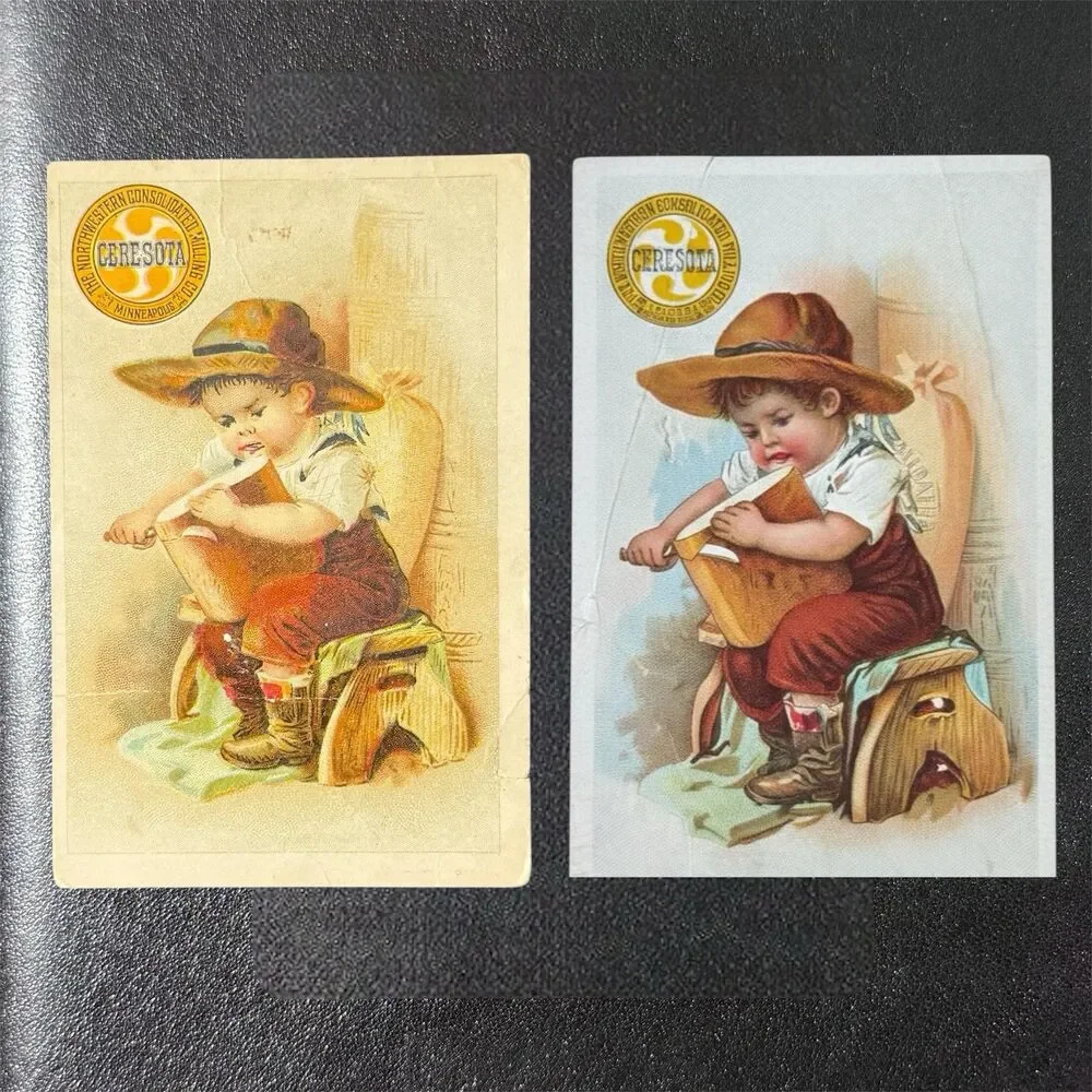 Pair 1905 & 1906 Ceresota Flour Trade Cards Gold Seal Boy Cutting Bread